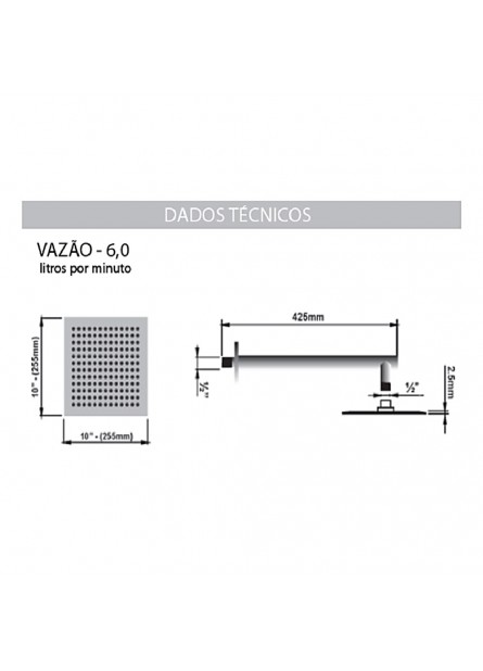 DUCHA CASCATA 25X25CM AÇO INOX C/ CANO DE 1/2"