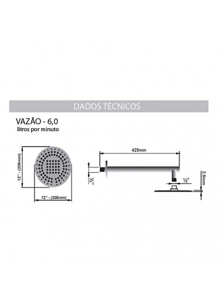 DUCHA CASCATA DE 12" AÇO INOX C/ CANO DE 1/2"