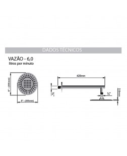 DUCHA CASCATA DE 8" AÇO INOX C/ CANO DE 1/2"