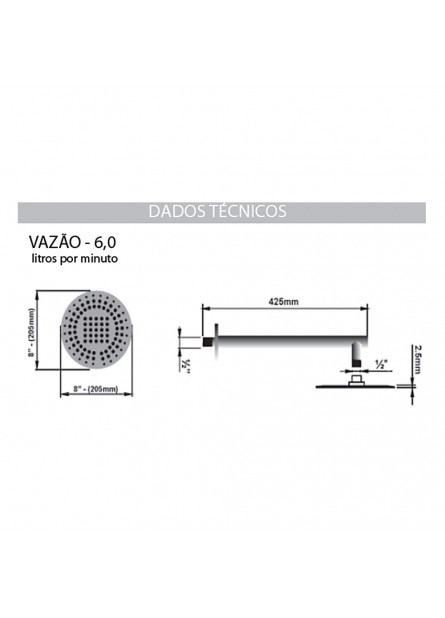 DUCHA CASCATA DE 8" AÇO INOX C/ CANO DE 1/2"