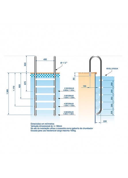 ESCADA MARINHEIRO 1.1/2" C/ 5 DEGRAUS ANATÔMICO ABS